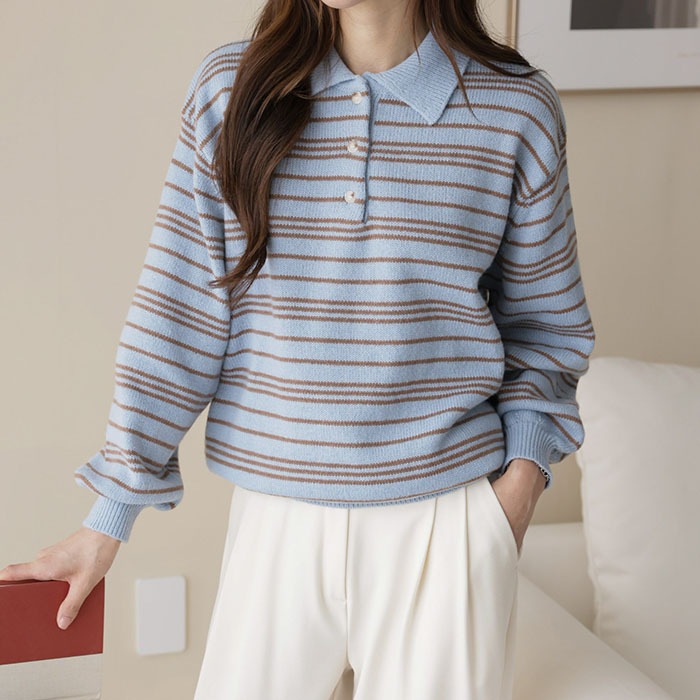 [韓国ファッション] カラーネックルーズフィットストライプニットTシャツ