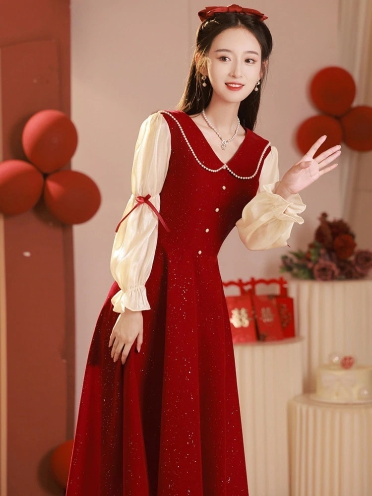 ウェア花嫁のスモールブルゴーニュ結婚式婚約ドレスレディースホームカミングカジュアル長袖ドレス