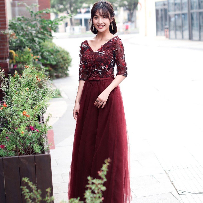 カラードレス ロング 赤 格安 イブニングドレス 長袖 パーティードレス 演奏会 花嫁 フォーマルド