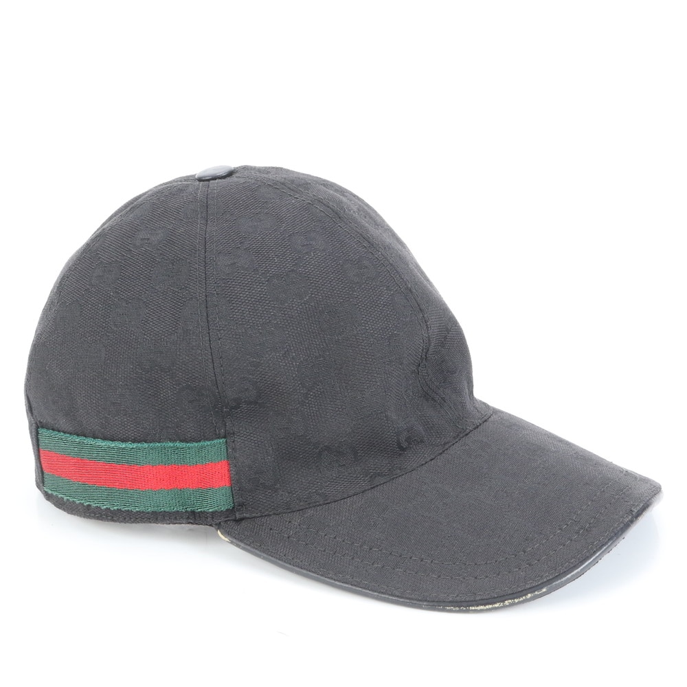 極美品 GGキャンバス シェリー ライン ベースボール 帽子 ブラック 黒 ファッション レザー×キャンバス キャップ メンズ RUE CQ3-4 中古