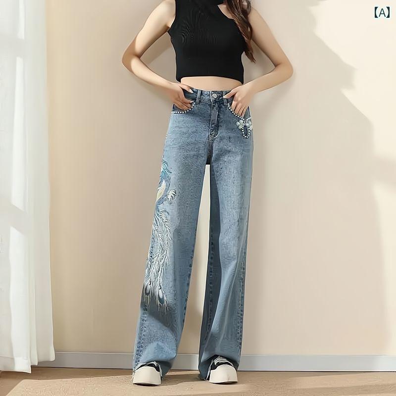 デニムパンツ レディース ジーンズ レトロ カジュアル 大きめサイズ 刺繍 ワイドパンツ 春夏 薄手 ハイウエスト ストレート エスニック カットオフ ブルー