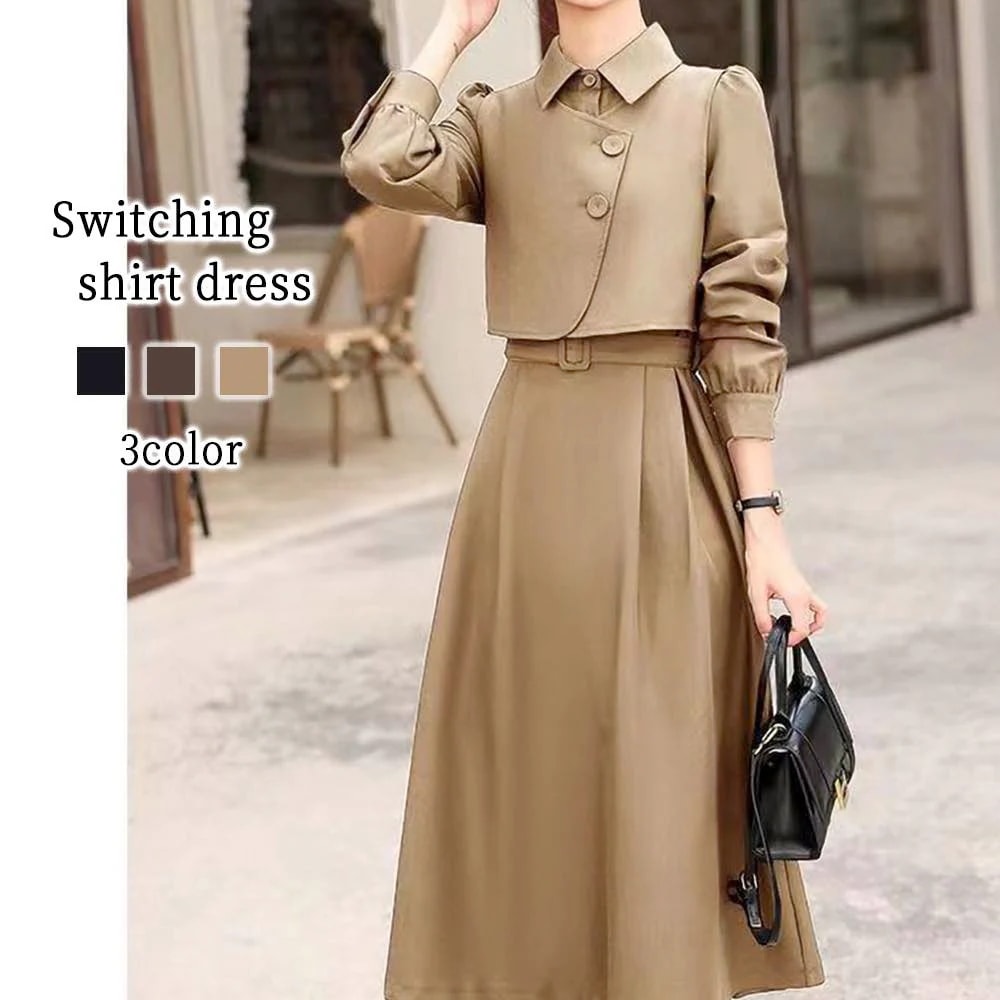 ワンピース レディース 切り替えシャツワンピース 秋 厚手 カジュアル 50代 白 しっかり Aライン 冬 人気 かわいい きれいめ 春 大きいサイズ 長袖 おしゃれ スカート 40代 黒 ロング ニ