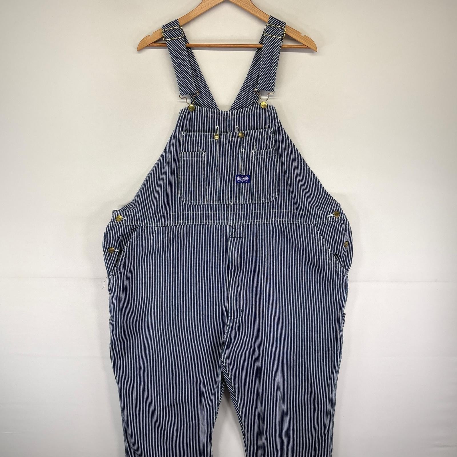 古着 ビッグスミス Big Smith オーバーオール ワーク 作業着 ヒッコリー デニム 大きいサイズ W48 L32 ネイビー系 ストライプ メンズ
