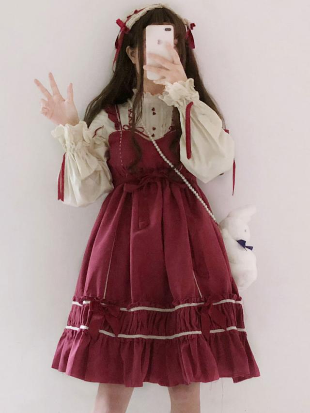 【全店任意2枚購入で100円OFF】スウィートロリータドレスOPボウフリルカラーブロックコットンロリータワンピースドレス