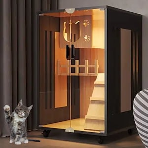新品】猫 ケージ 木製 3階建て キャットヴィラ 窓付き ガラス扉