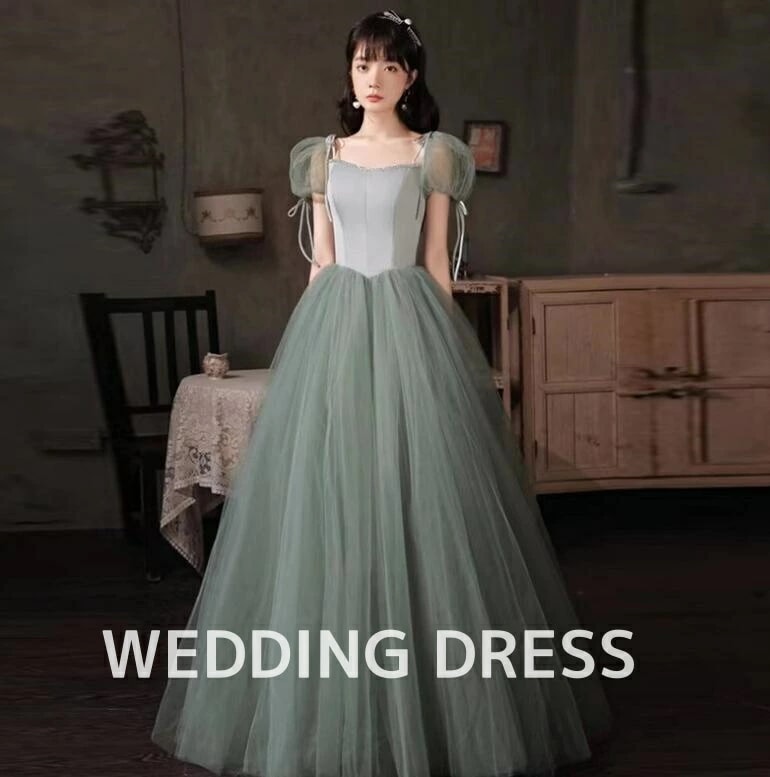 新品更新 パーティードレス 舞台 演出 レディースドレス ウェディングドレス 宴会 成人式 着痩せ グリーン ロングドレス チュールスカート aライン フランス風 司会 礼服 パフスリーブ ハイウエス 4,687円