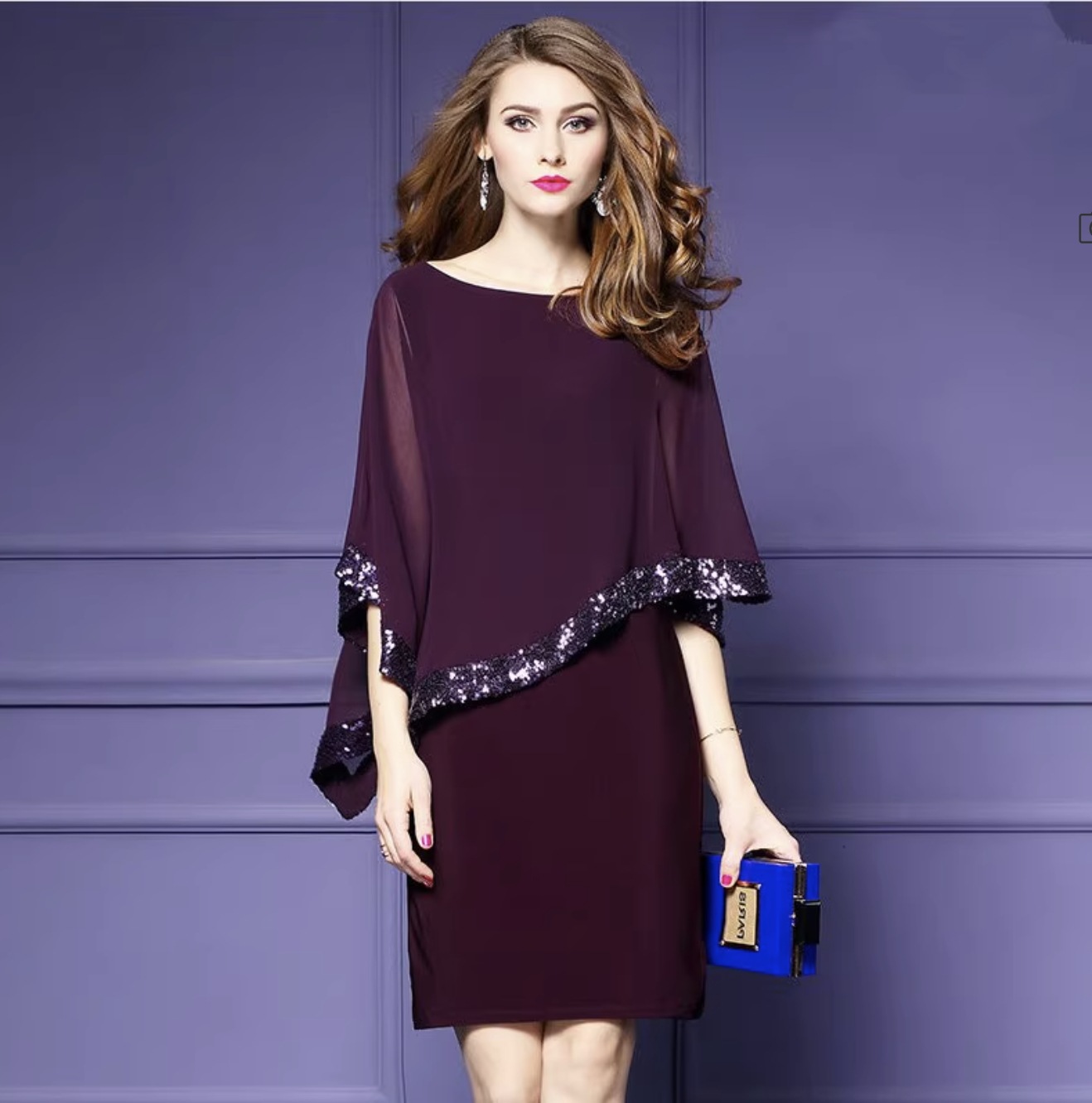 ワンピース ワンピドレス 膝丈 ひざ丈 ミディアム丈 袖あり 7分袖 七分袖 タイト アシンメトリー スパンコール キラキラ エレガント 大人 大人女子 上品 春 夏 秋 結婚式 披露宴 二次会