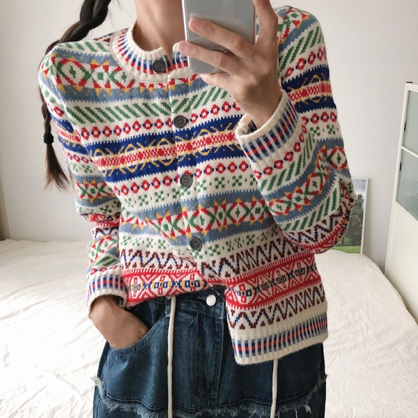 韓国ファッション ラウンド ビンテージ エスニック パターン ニット カーディガン