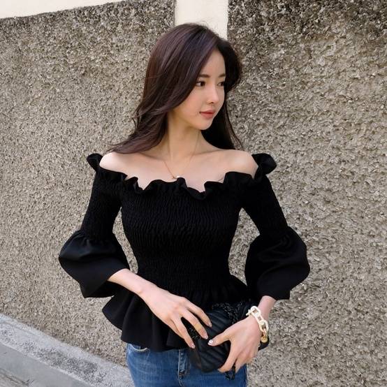 レディース オフショルダー トップス カットソー ホルンスリーブ フレア フレア袖 ギャザー 切り替