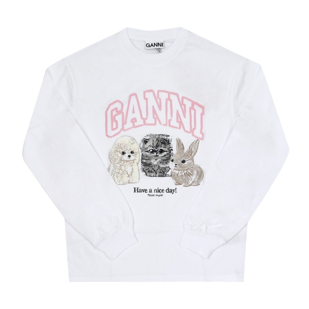 GANNI アニマルロゴプリントリカットヘビーレディース長袖Tシャツ T4275 151