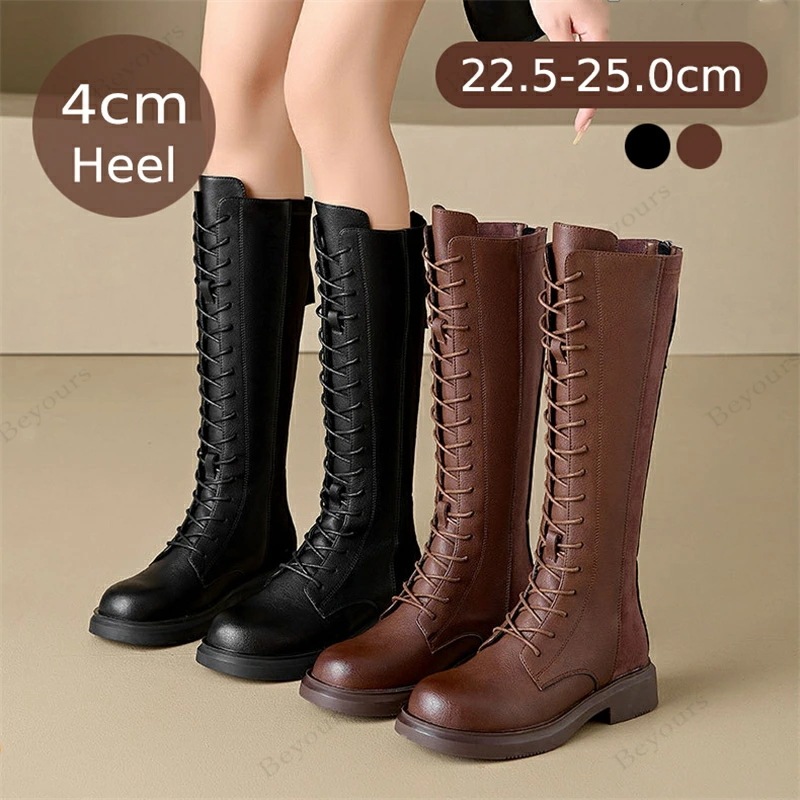 ロング ブーツ レディース レースアップ ジョッキーブーツ ブーツ おすすめ 防滑 痛くない 歩きやすい 疲れない 防水 ローヒール 長靴 おしゃれ シューズ 秋冬靴 ブラック 4cm Heel 22