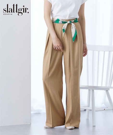 ロングパンツ 高身長　スカーフベルト付タックワイドパンツ トールサイズ
