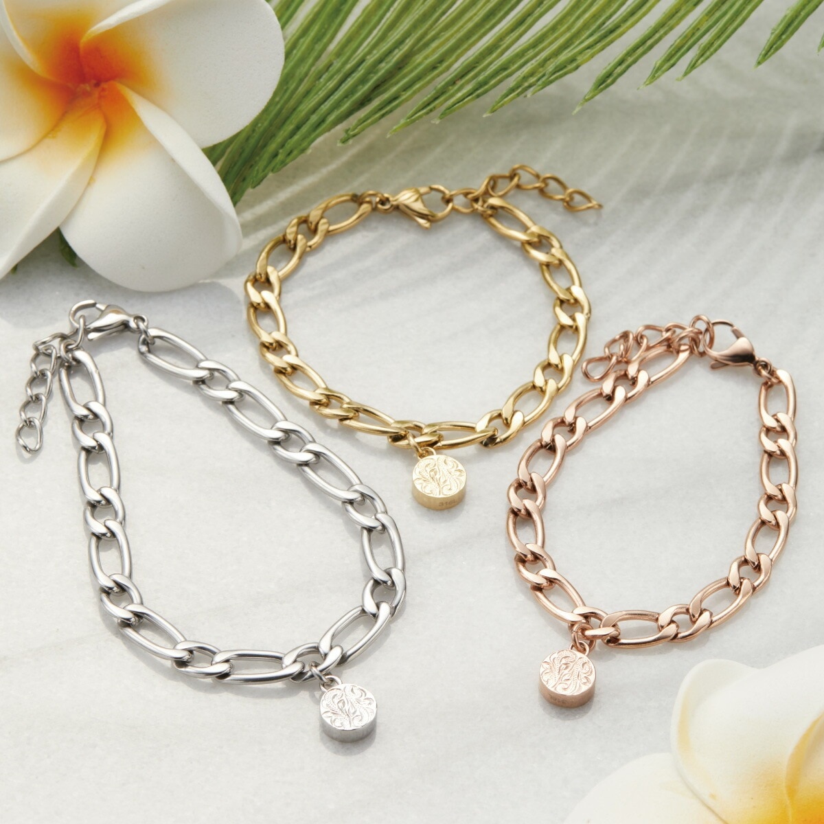 ブレスレット サージカルステンレス316L製 ハワイアンジュエリー チェーン コイン スクロール