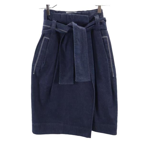 ロゴ刺繍 ミディ丈 ラップ デニムスカート 38 ネイビー レディース
