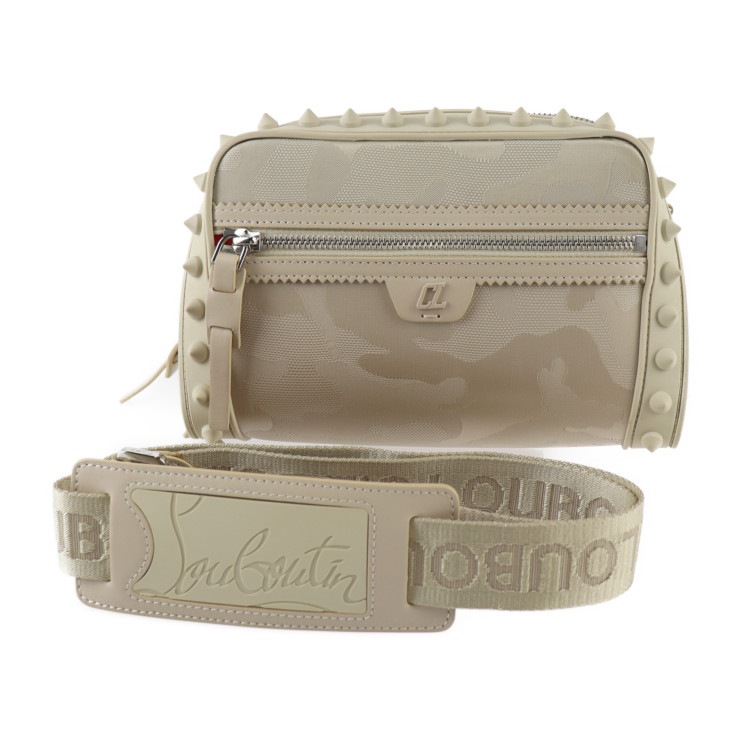 クロスボディバッグ Loubitown ショルダーバッグ 1225154 キャンバス ラバー ベージュ系 シルバー金具 ポシェット カモフラ ミリタリー柄 スパイクスタッズ【本物保証】