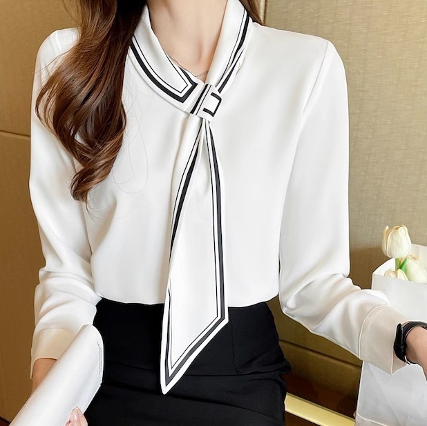 トップス シャツ カットソー 白トップス ミディアム丈 袖あり 長袖 Vネック 襟なし ストレート シフォン 透け感 タイ 薄手 かわいい 大人可愛い きれいめ シンプル 上品 おしゃれ お洒落