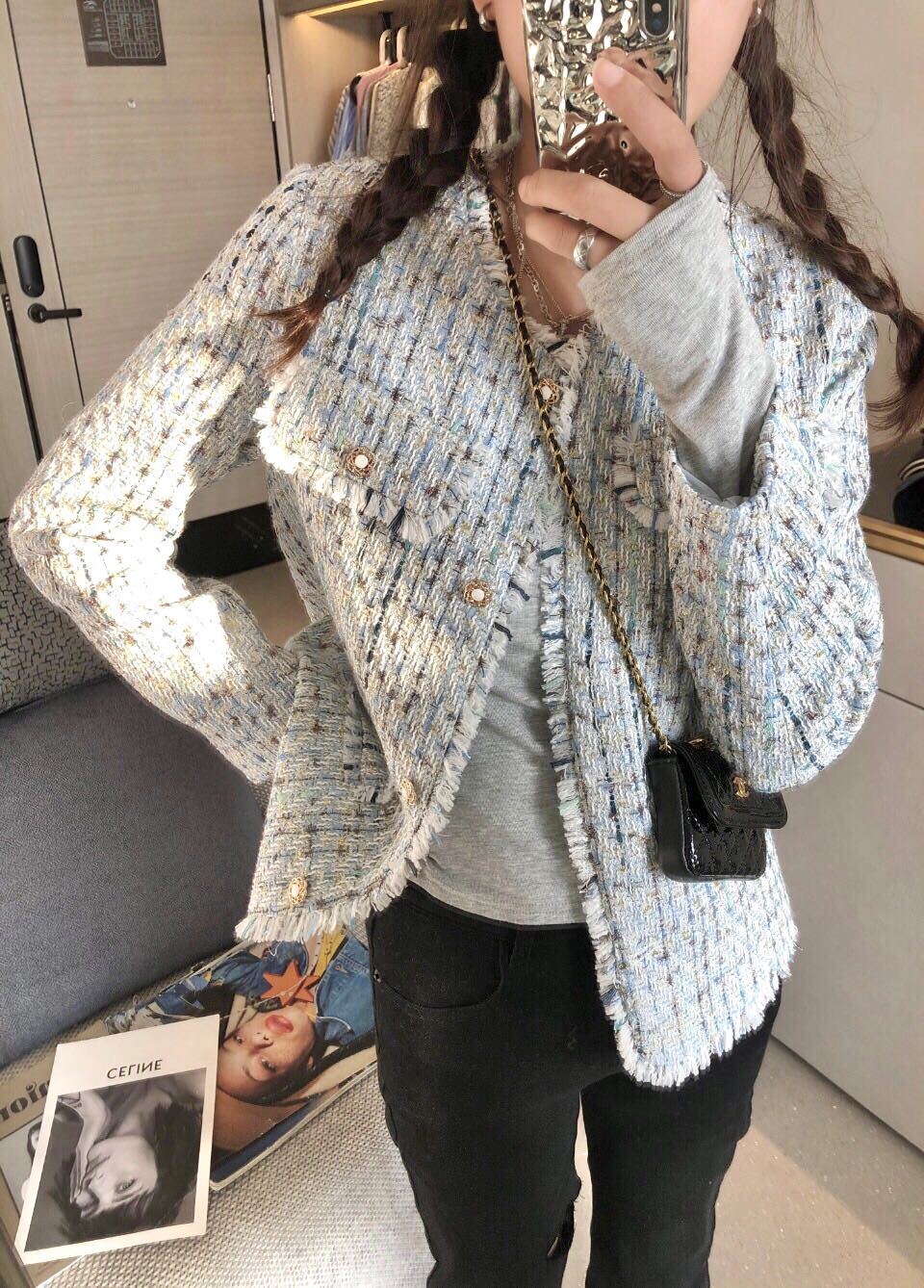 ジャケット レディース 長袖 パールボタン フリンジ　ガーリー フェミニン キュート かわいい 大人可愛い きれいめ カジュアル 上品 おしゃれ チェック 秋 冬 春 ママ デート ブルー アウター