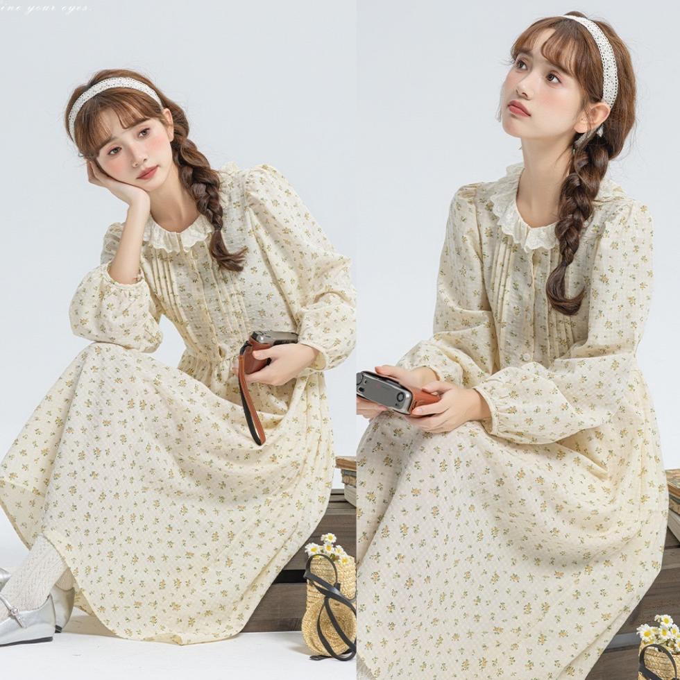 ワンピス Aライン ロング 長袖 花柄 小柄女性コーデ シンプ レトロ 可愛い 春 夏 秋 ホリデーコーデ シンプ カジュアル