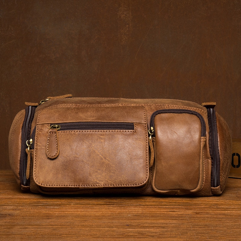 遅時光韓版潮多機能本革巾着男性包頭層牛革斜ショルダーバッグレジャーすり皮胸バッグ