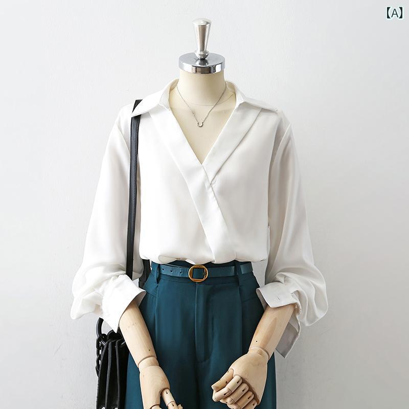 レディース シャツ ブラウス 長袖 白 黒 Vネック ポロ襟 春秋 ユニークデザイン トップス プルオーバー 斜めクロス重ねデザイン 西洋風 モダン エレガント オフィス ビジネス アーバン