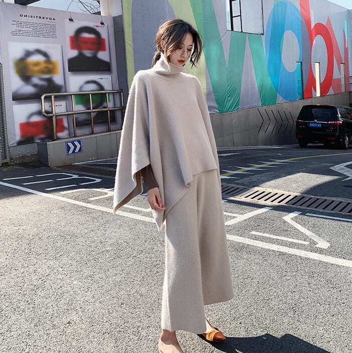 ニットセットアップ　セーターポンチョ　ウール混紡　ガウチョパンツ　ワイドパンツ　トップス ニット　体型カバー 着痩せ　ゆったり　レディース 秋 冬　ハイネック　ニットポンチョ　アウター　マント
