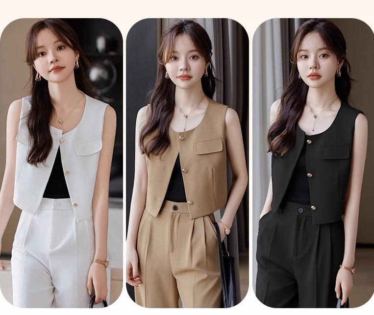 レディース パンツスーツ セットアップ ２点セット 袖なし上着 ノースリーブ ベストジャケット 黒 白 薄茶 夏 ワイドレッグ パンツ 九分丈 金ボタン エレガント おしゃれ フェミニン ミニマル
