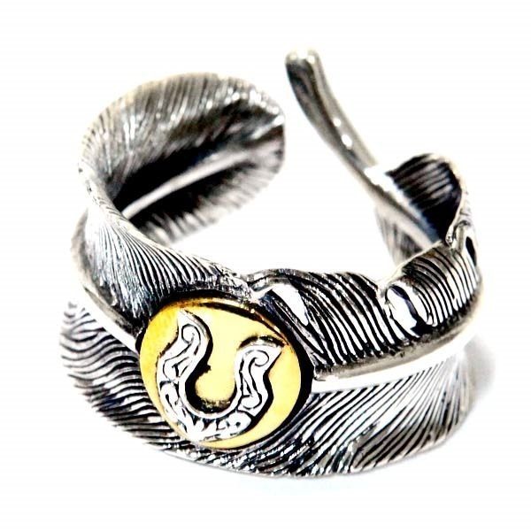 インディアンジュエリー リング イーグルフェザー 鷲 羽 ホースシュー 馬蹄 ゴールド シルバー925 メンズ