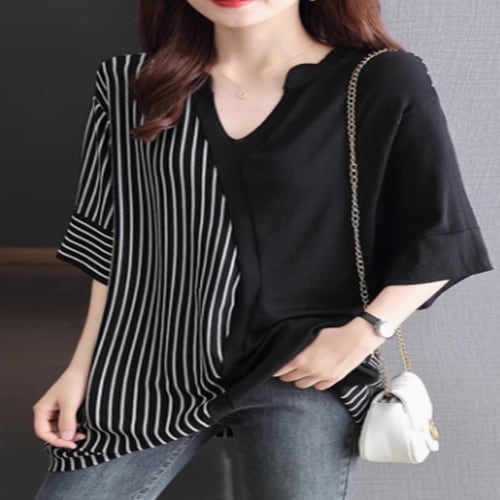 レディース トップス カットソー プルオーバー 丈長 半袖 Vネック 襟なし 切り替えデザイン バイカラー 薄手 きれいめ シンプル カジュアル おしゃれ かっこいい こなれ感 ラフ ルーズ 個性的