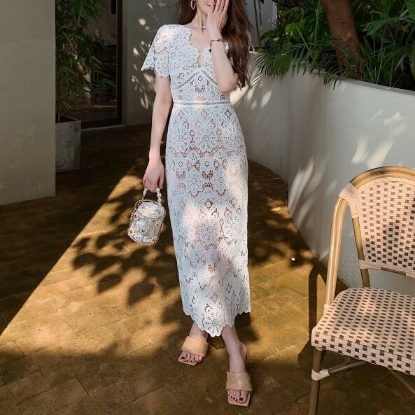 ワンピース レーススカート レディース ミモレ 半袖 フリル袖 Vネック タイト スリム レース バックスリット バックコンシャス 透け感 かわいい 大人可愛い きれいめ シンプル カジュアル 上品