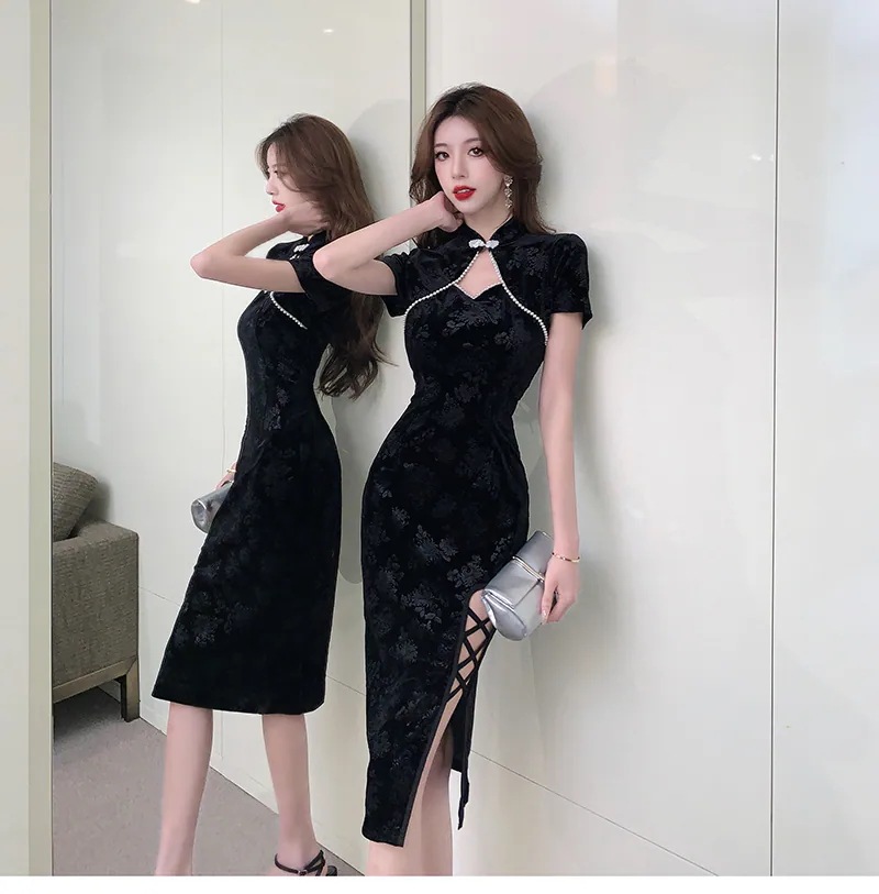 チャイナ風 サイドスリット ワンピース レディース 膝丈 膝下 ミモレ 半袖 タイト スリム 細身 フェミニン スリット ハイウエスト かわいい きれいめ 上品 おしゃれ レトロ アジアン エスニック