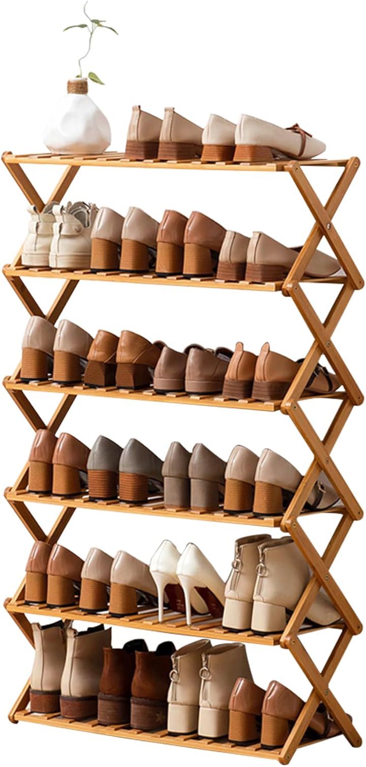 シューズラック 組立不要 靴棚 完成品 折りたたみ可能 下駄箱 天然竹製 玄関 収納ラック 靴箱 安定性高い 廊下ドア 竹靴キャビネットshoes rack(LOG, 6層)