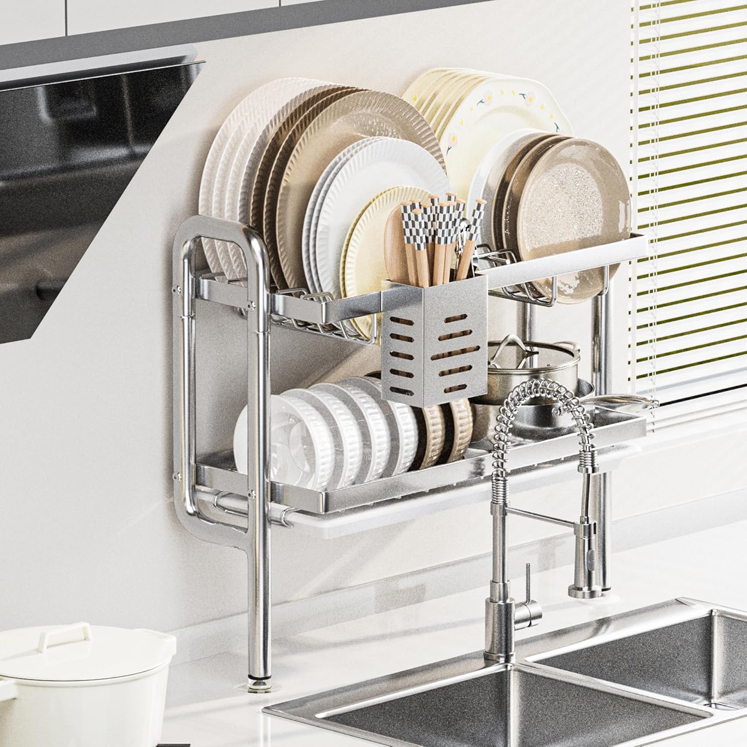 ステンレス製3段シンク上水切りラック 壁掛け式 接水トレー付き 食洗機対応