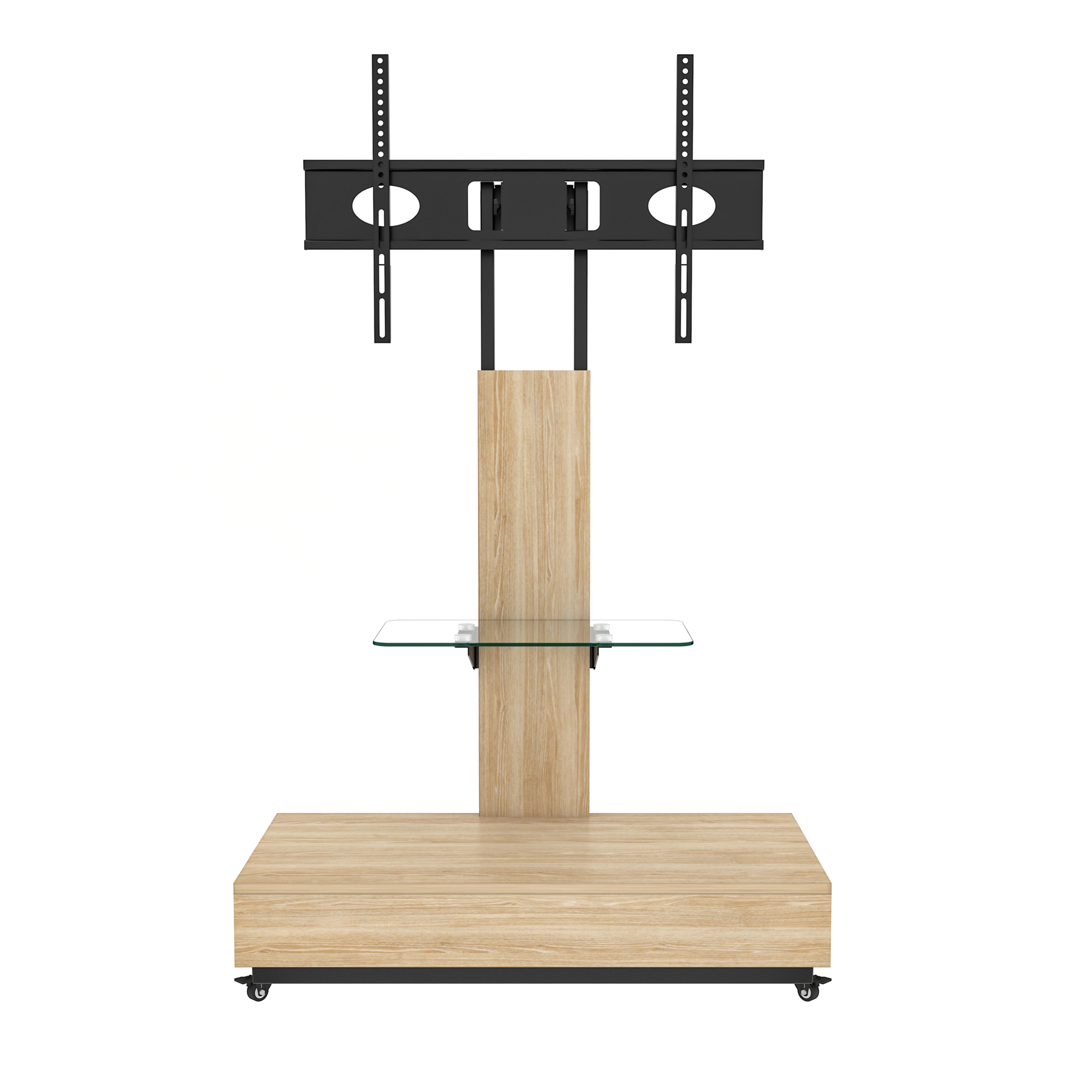 引き出し付き 可動式TVスタンド 32-75インチ対応 高さ調整可能 木目&ガラス製 キャスター付き リビング・寝室・オフィス用 ナチュラル
