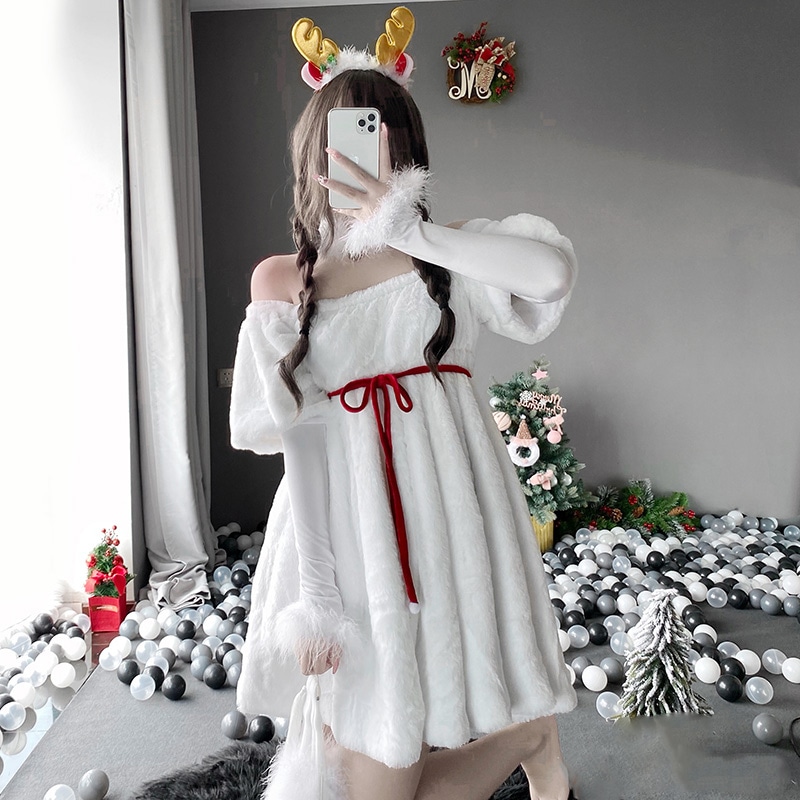 クリスマス コスプレ衣装 長袖 サンタワンピース 点セット 可愛い ファー サンタコス コスチューム 雪だるま ホワイト パーティー イベント 仮装 白 可愛い クリスマス衣装 サンタ衣装 撮影 イベ