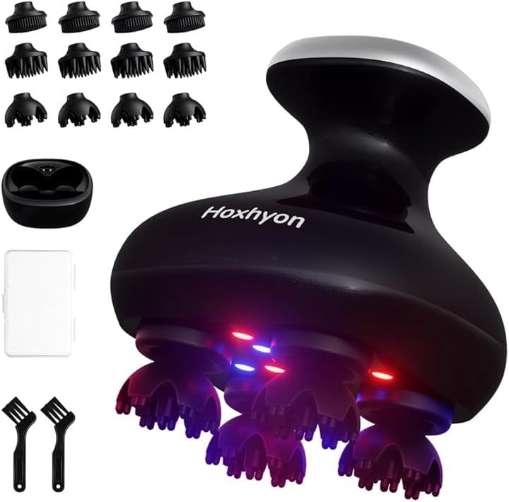 ヘッドスパ 電動頭皮ブラシ クリスマス赤青W光搭載 3D振動 頭皮洗浄 頭皮エステ スカルプケア 顔 全身適用 リラクゼーション器 自宅サロン お風呂 IPX7防水 (ラメ入りブラック)