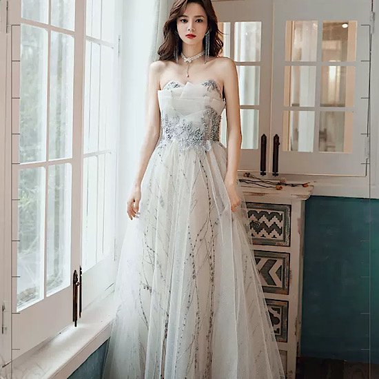 【取寄：納期2週間】結婚式ドレス チューブトップ イブニングドレス ゴージャス デコルテ キラキラ 発表会 演奏会 レディース フレアドレス 結婚式 ステージ衣装 ロング丈 エレガント