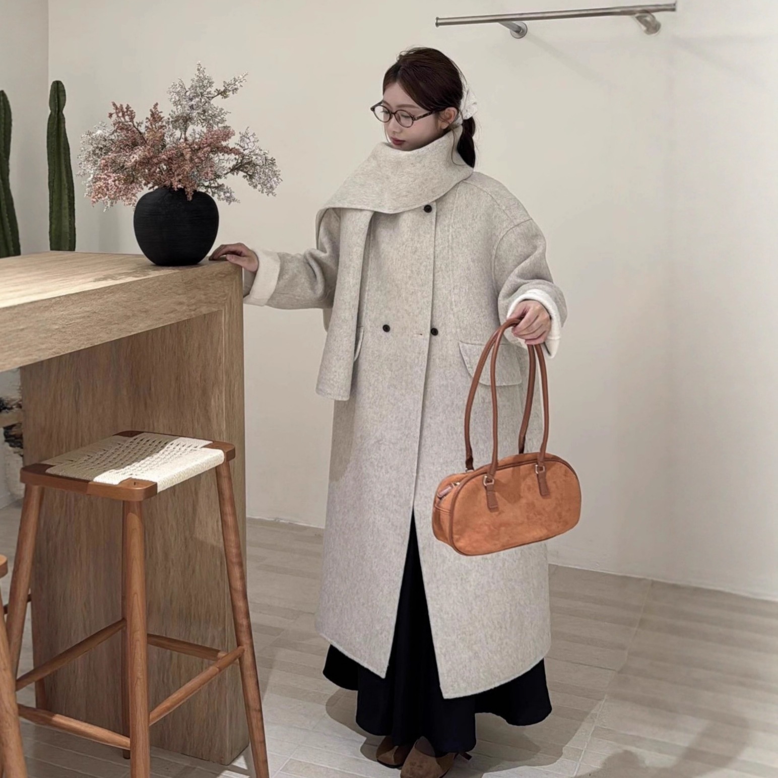 ゆったりとしたハイネックダブルボタン両面ウールコートロングA/B面高級感厚手で暖かい韓国風