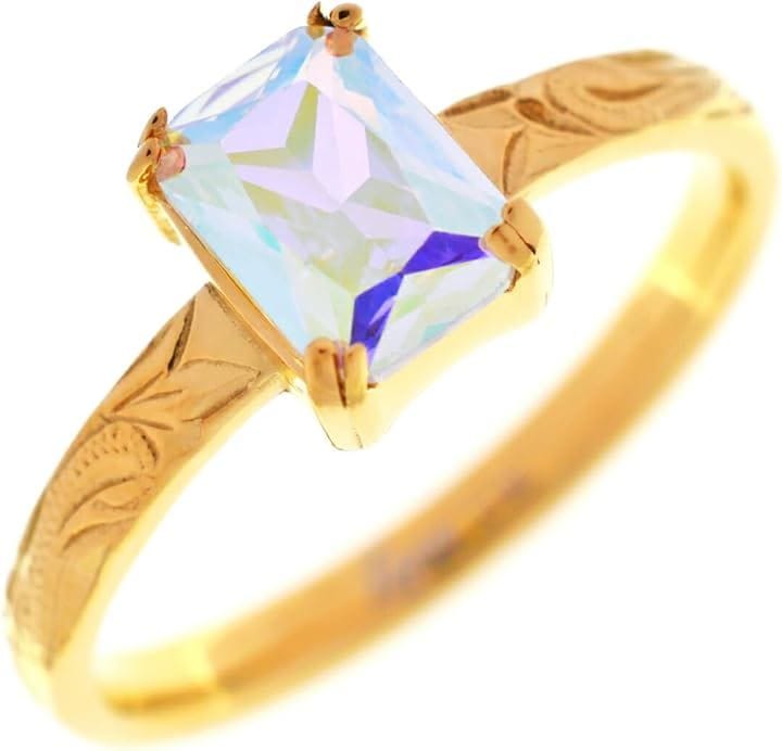 Piena ピエナ サージカルステンレス キュービックジルコニア ハワイアンジュエリー スクエアストーン スクロール プルメリア リング レディース(ゴールド/オーロラ, 9号)