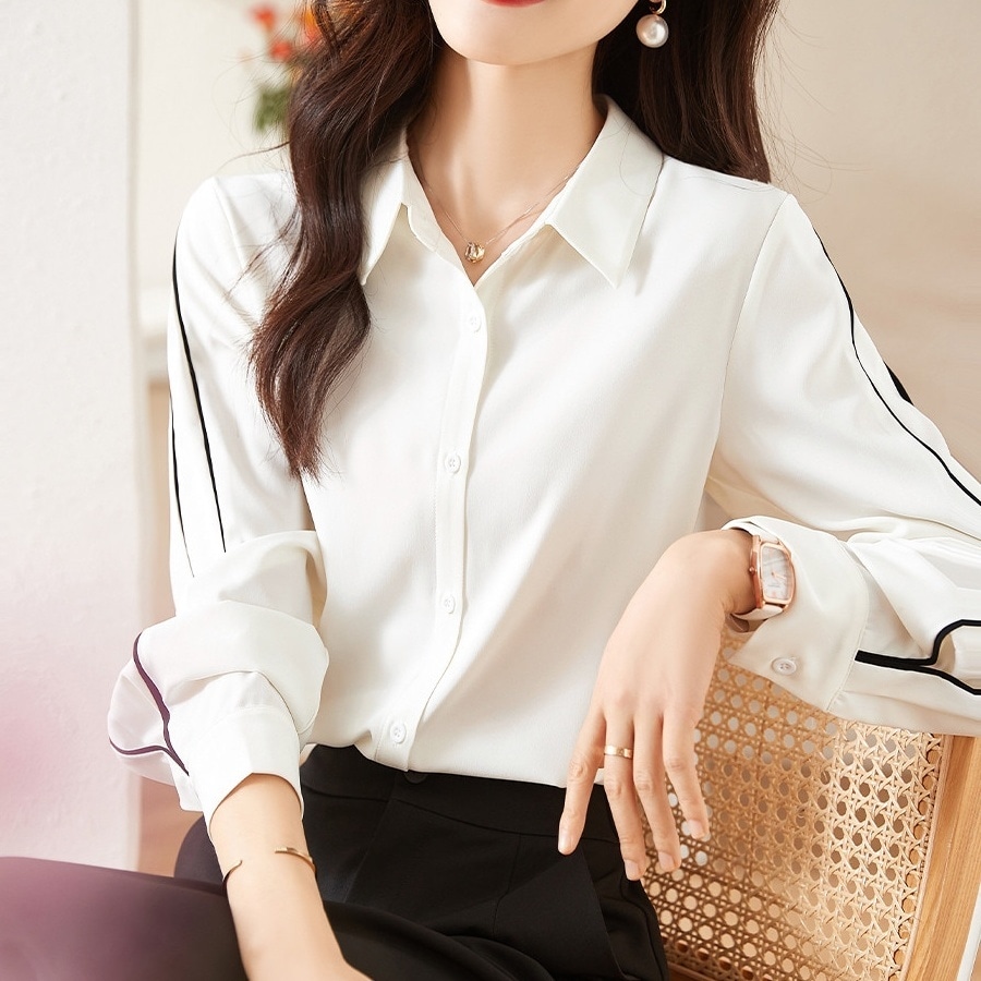 トップス レディース シャツ S M L XL 2XL 韓国 ホワイト モノトーン バイカラー ブラウス 長袖 襟付 パフスリーブ ボリューム袖 ライン 袖コンシャス 二の腕カバー シンプル きれいめ