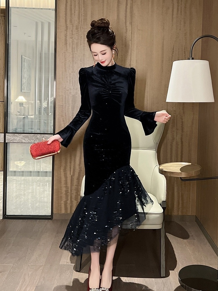 2025春新品 ベルベット スリム シワ ロングワンピース ドレス パーティー キャバ 大人 同窓会 披露宴 卒業式 結婚式 演奏会 ウェディング 二次会 メガ割