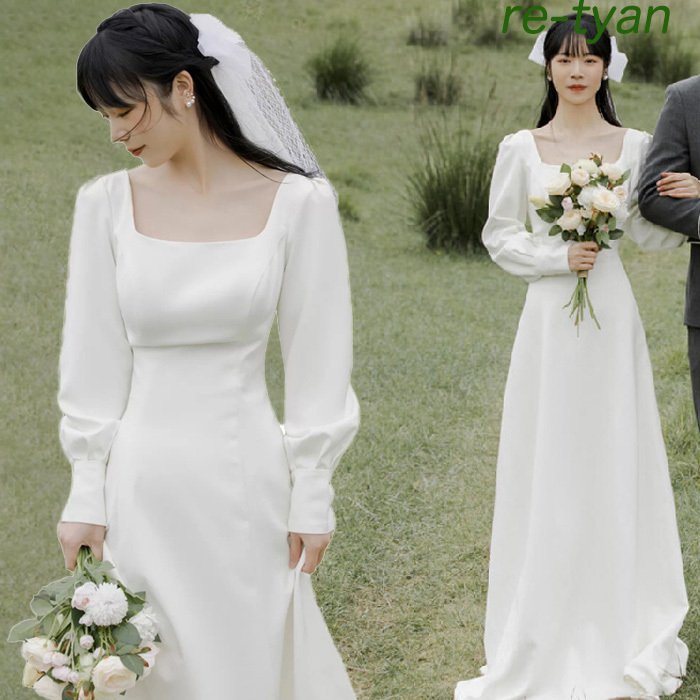 ウエディングドレス ワンピース 白 結婚式 ロングドレス 袖あり パーティードレス イブニングドレス フォーマルシンプ 前撮りブライダル 二次会ワンピース長袖