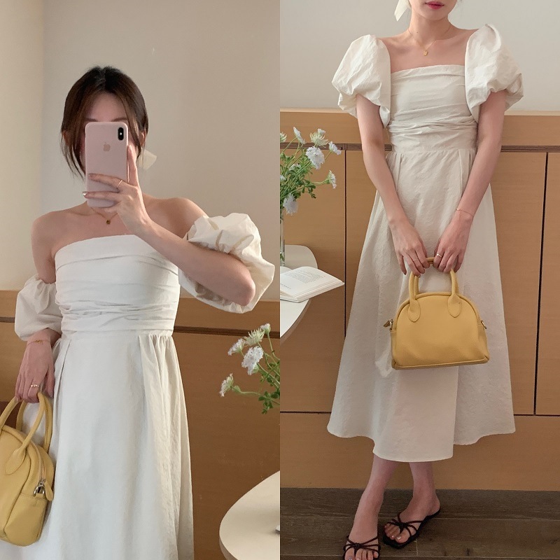 エレガント パフスリーブ オフショルダー チューブトップ ボートネック ワンピース