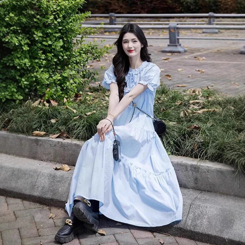 ブルーウッド耳元半袖ワンピースフェミニン風ゆったり着やせ甘ロングスカート