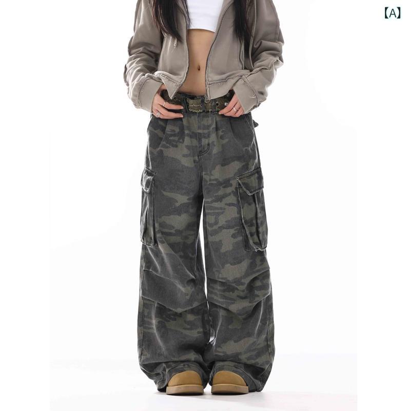 カーゴパンツ　メンズ　レディース マルチ ポケット スリム カジュアル ワイド レッグ パンツを 備えた 男女兼用の アメリカン レトロ プリーツ 迷彩 オーバー オール