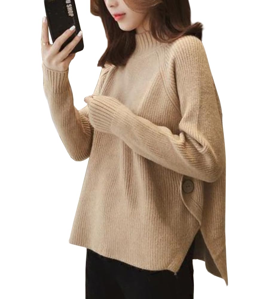 ニット セーター レディース トップス ハーフネック 長袖 サイドボタン 大人 可愛い