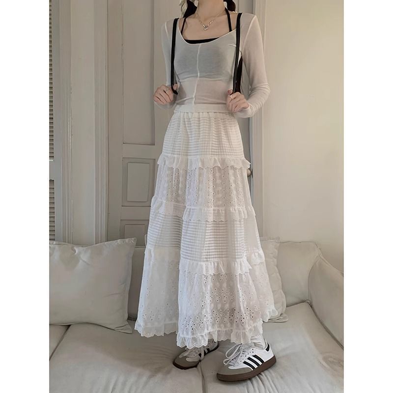 白バレエ風スカート レディース 2024春 スカート プチレースケーキスカート Aラインロングスカート