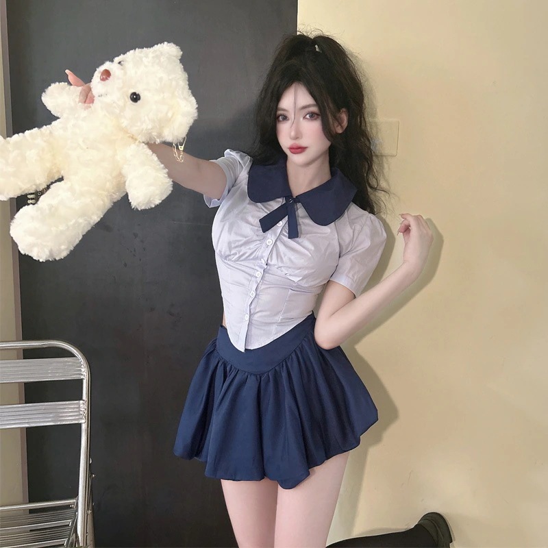 【1つ買うと10つ無料】純粋なアカデミースタイルjkユニフォームセットレディーススイートスパイシーな短袖シャツ +ふくらんでいるスカートツーピースセット
