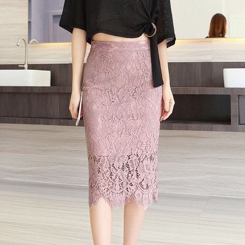 Qoo10] 3186.膝丈レースタイトスカート（ピン