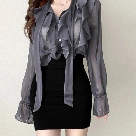 レディース 【bl】 韓国ファッション トップス ブラウス フリルネック Vネック ボタン 前開 長袖 シースルー 透ける 薄手 無地 グロッシー カジュアル 秋 春 SSGANA mrttp