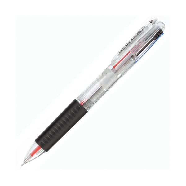 （まとめ） TANOSEEノック式ゲルインク3色ボールペン （軸色 クリア） 1セット（10本） (×5セット)